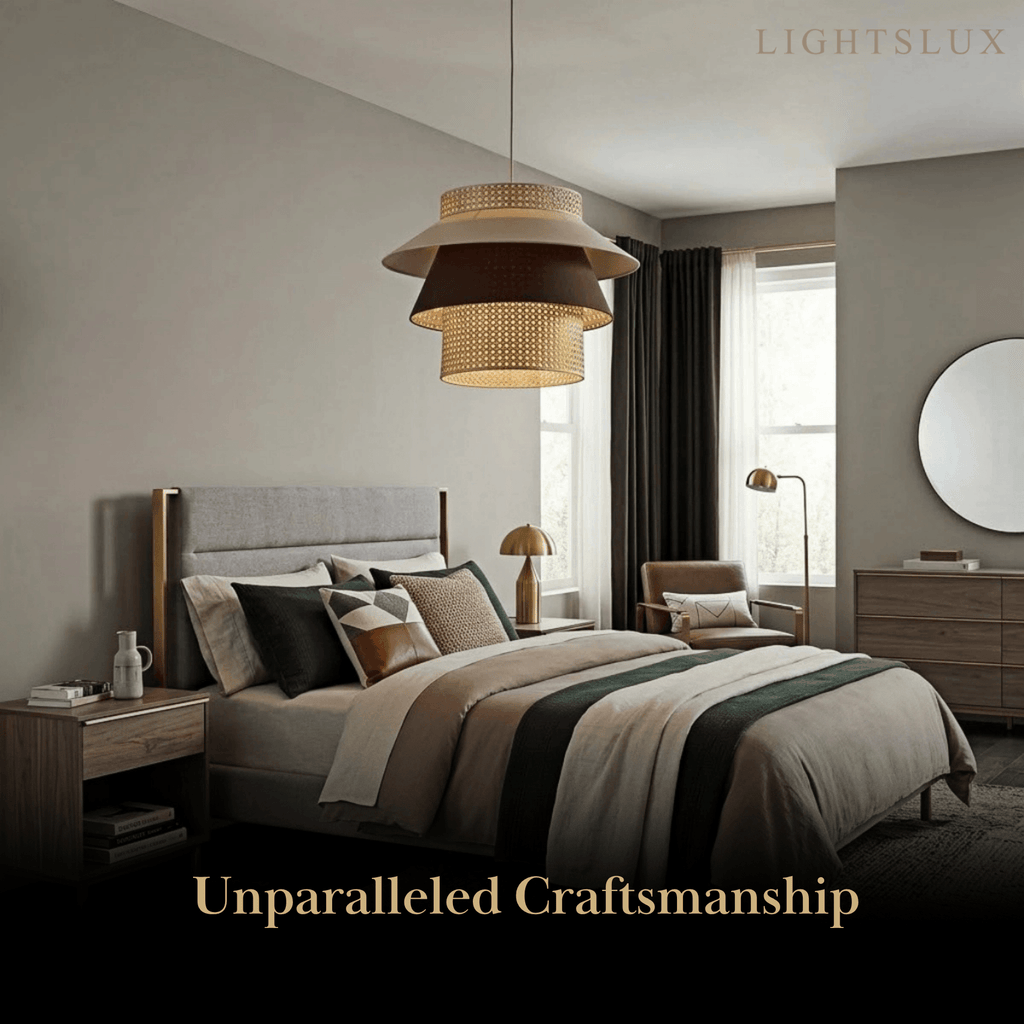 Farmhouse Cylinder Pendant Lamp – Wood & Rattan with Fabric Shade for Dining Room - Flindria
