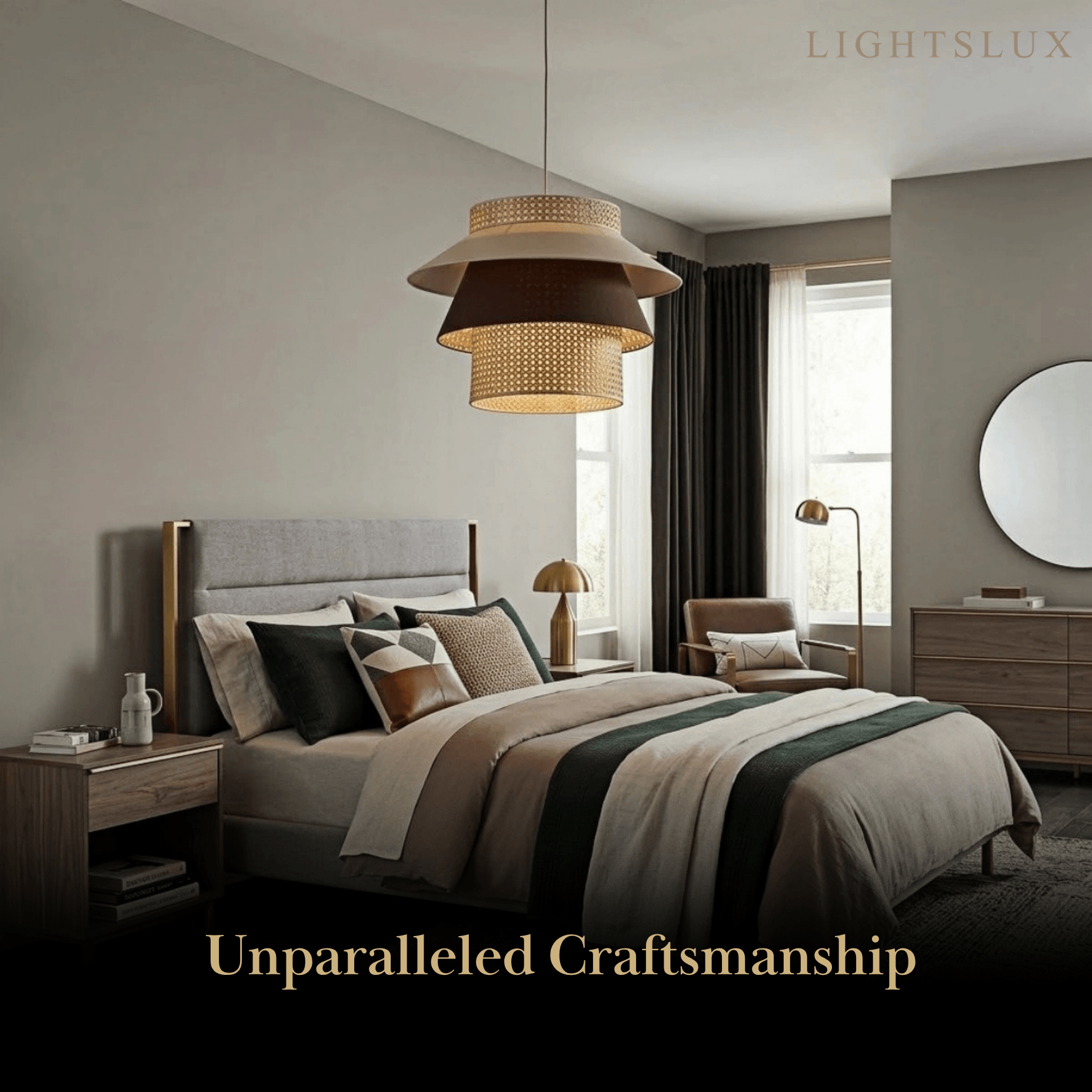 Farmhouse Cylinder Pendant Lamp – Wood & Rattan with Fabric Shade for Dining Room - Flindria