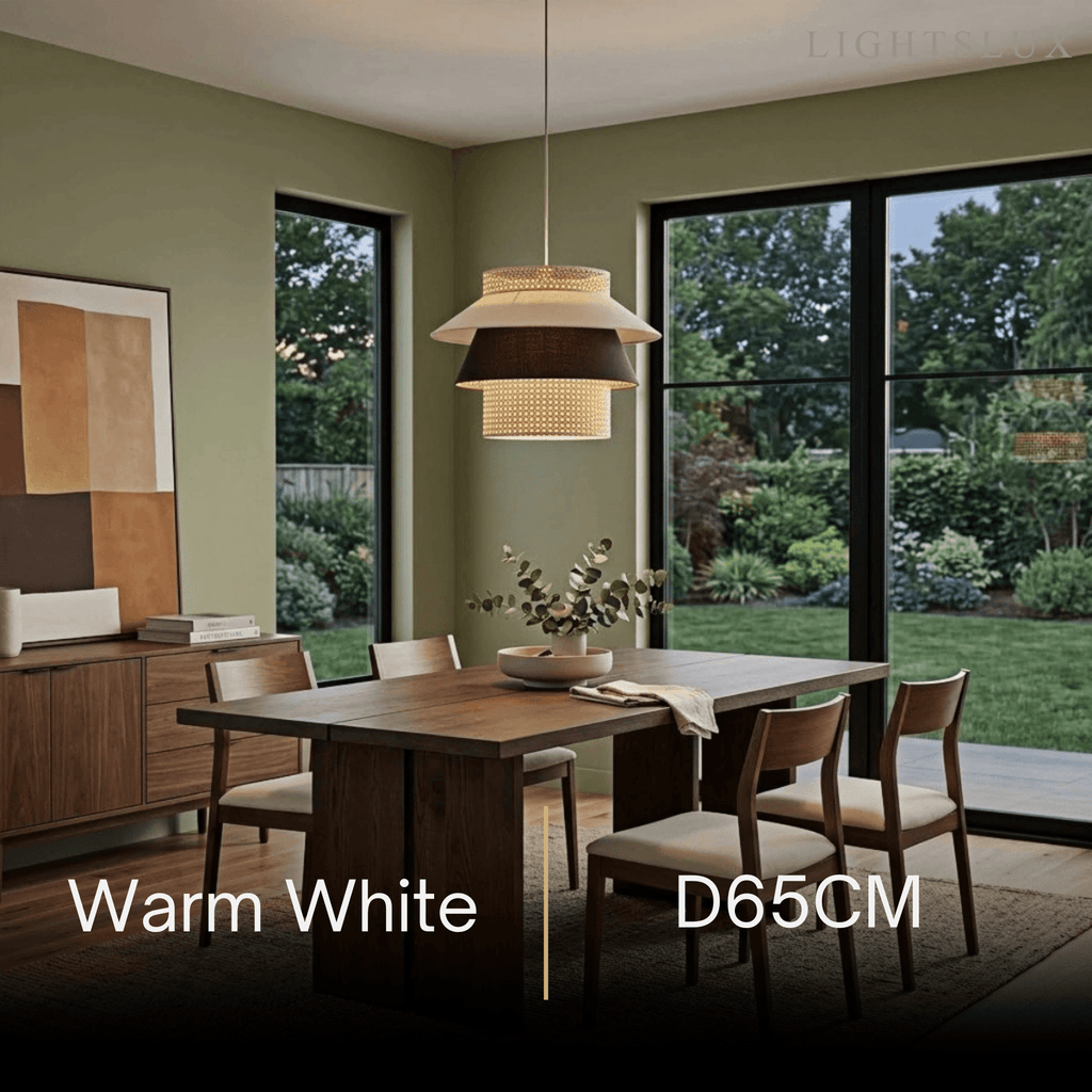 Farmhouse Cylinder Pendant Lamp – Wood & Rattan with Fabric Shade for Dining Room - Flindria