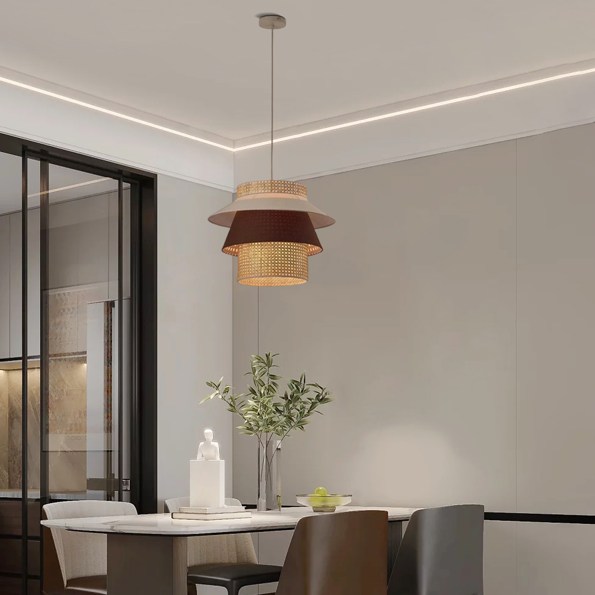 Farmhouse Cylinder Pendant Lamp – Wood & Rattan with Fabric Shade for Dining Room - Flindria