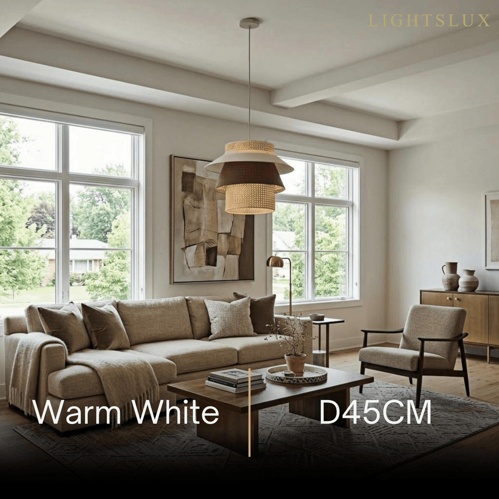 Farmhouse Cylinder Pendant Lamp – Wood & Rattan with Fabric Shade for Dining Room - Flindria