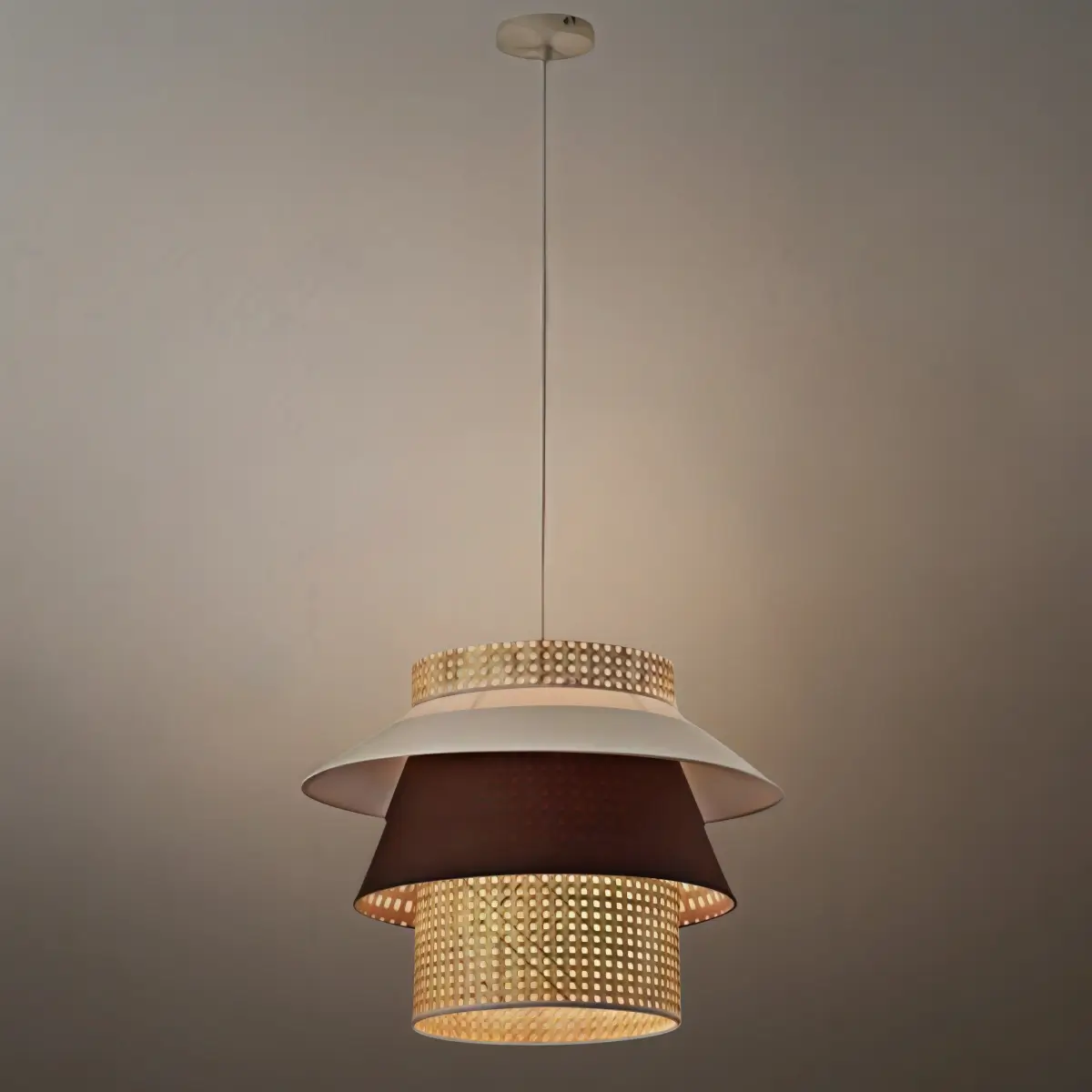 Farmhouse Cylinder Pendant Lamp – Wood & Rattan with Fabric Shade for Dining Room - Flindria