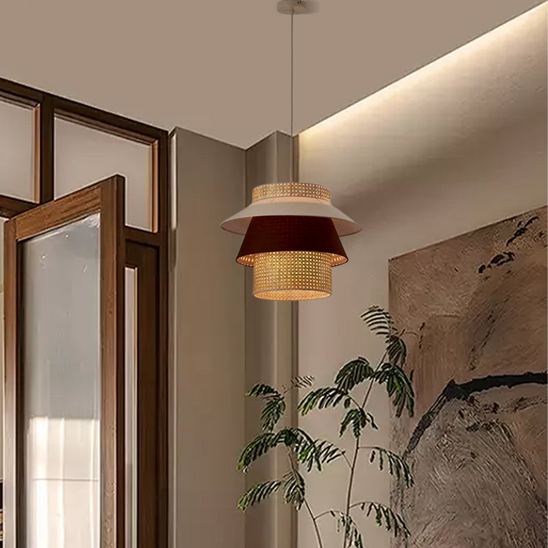 Farmhouse Cylinder Pendant Lamp – Wood & Rattan with Fabric Shade for Dining Room - Flindria