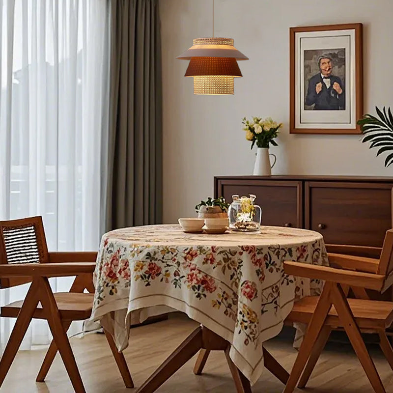 Farmhouse Cylinder Pendant Lamp – Wood & Rattan with Fabric Shade for Dining Room - Flindria