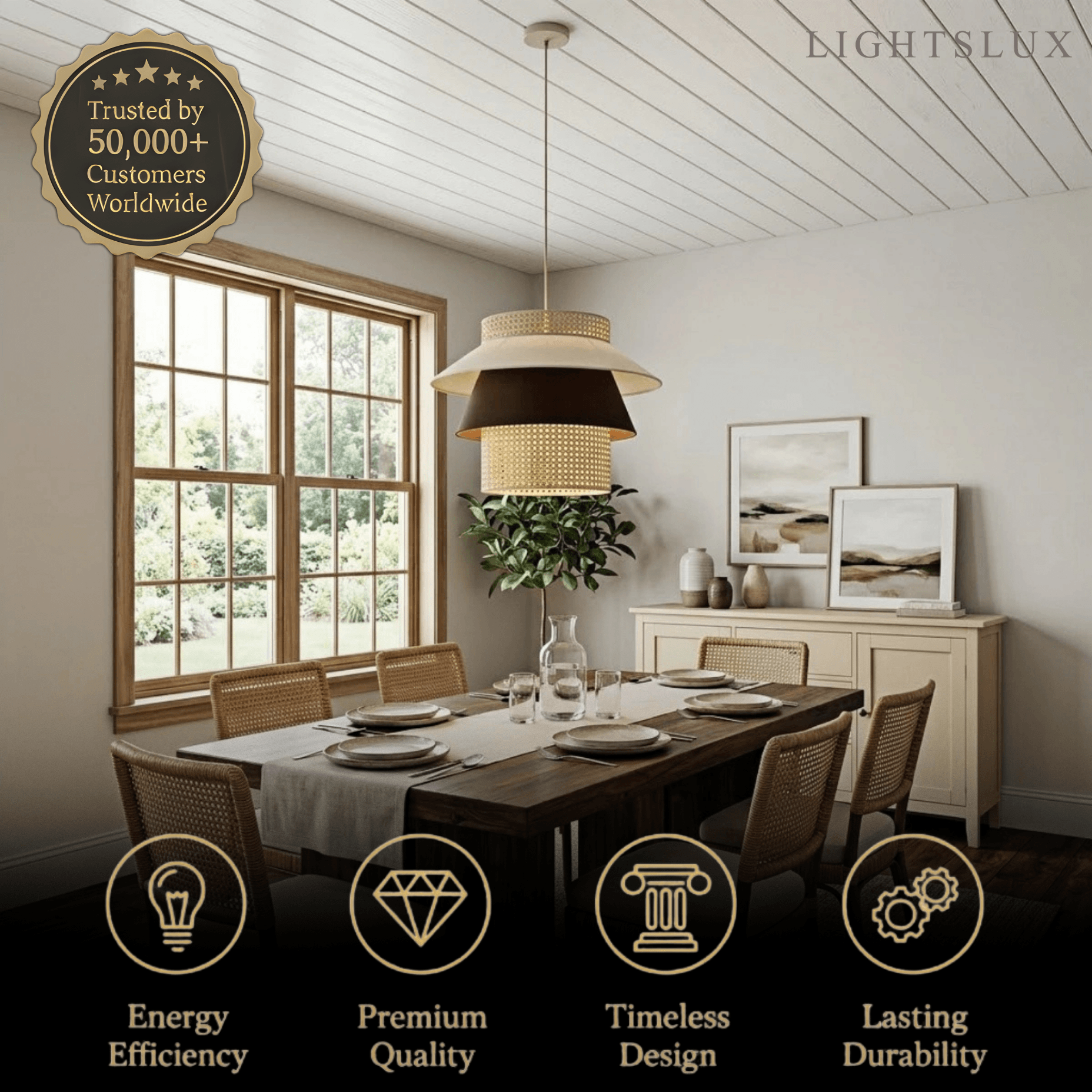 Farmhouse Cylinder Pendant Lamp – Wood & Rattan with Fabric Shade for Dining Room - Flindria