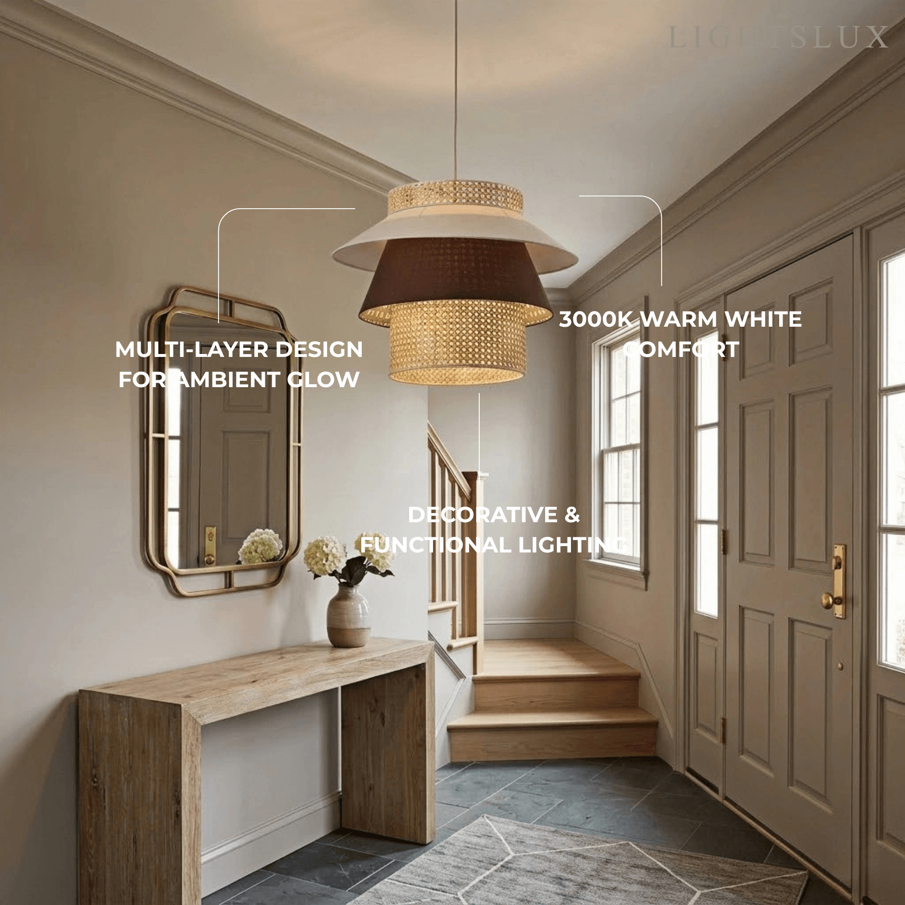 Farmhouse Cylinder Pendant Lamp – Wood & Rattan with Fabric Shade for Dining Room - Flindria