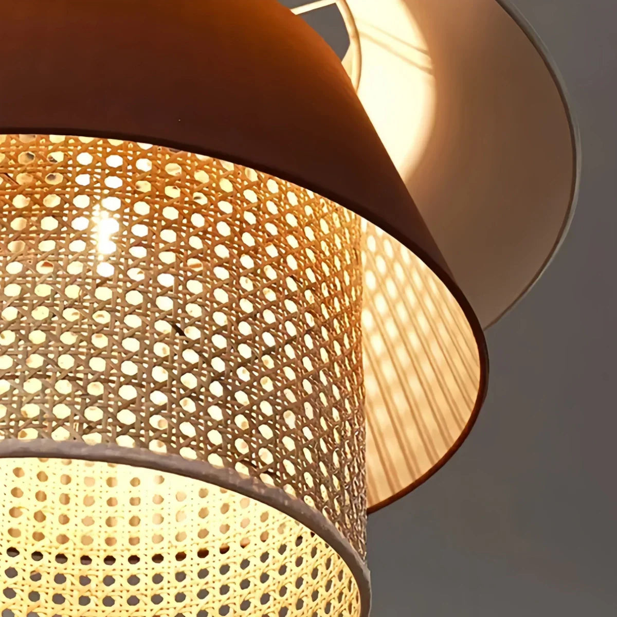 Farmhouse Cylinder Pendant Lamp – Wood & Rattan with Fabric Shade for Dining Room - Flindria