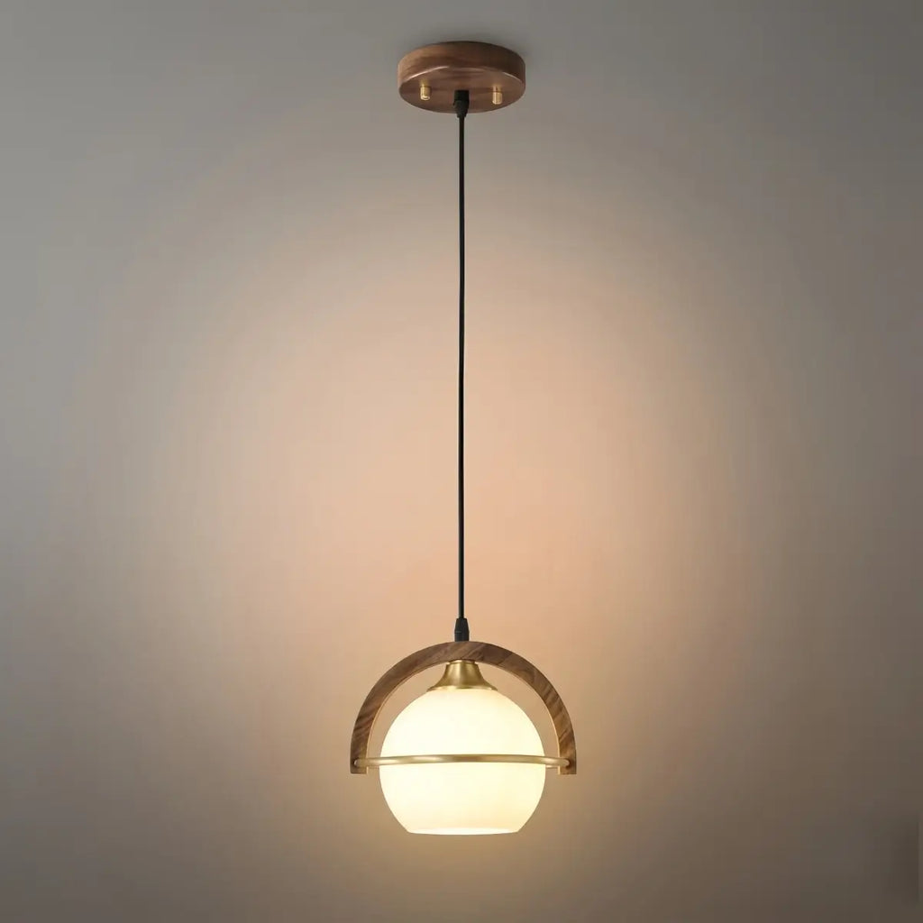 Modern Pendant Light — Wood & Acrylic Sphere with Metal Frame Dining Room - Flindria
