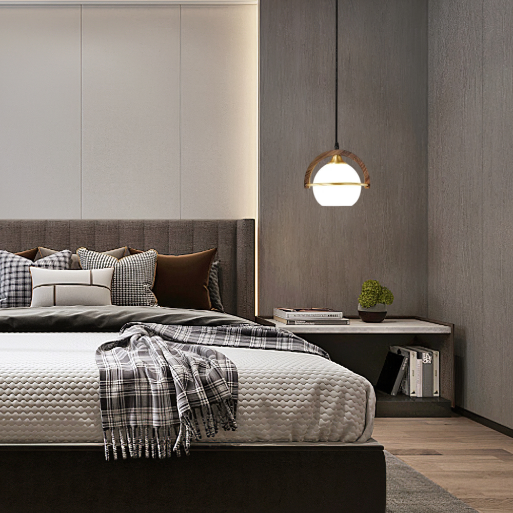 Modern Pendant Light — Wood & Acrylic Sphere with Metal Frame Dining Room - Flindria