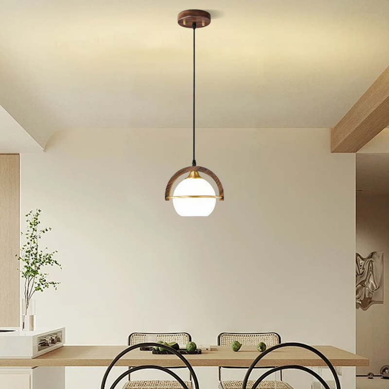 Modern Pendant Light — Wood & Acrylic Sphere with Metal Frame Dining Room - Flindria