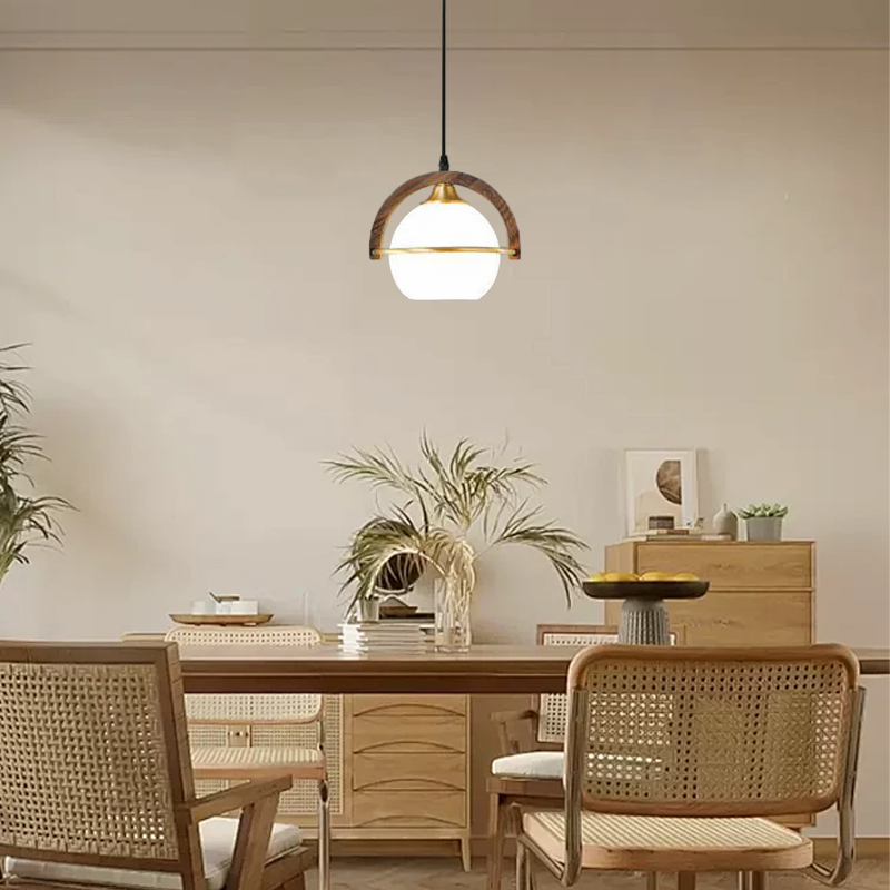 Modern Pendant Light — Wood & Acrylic Sphere with Metal Frame Dining Room - Flindria
