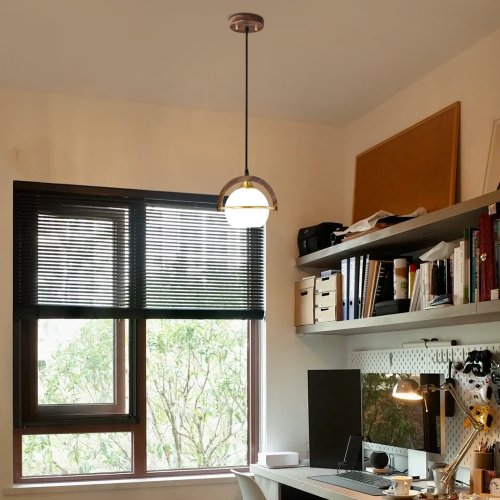 Modern Pendant Light — Wood & Acrylic Sphere with Metal Frame Dining Room - Flindria
