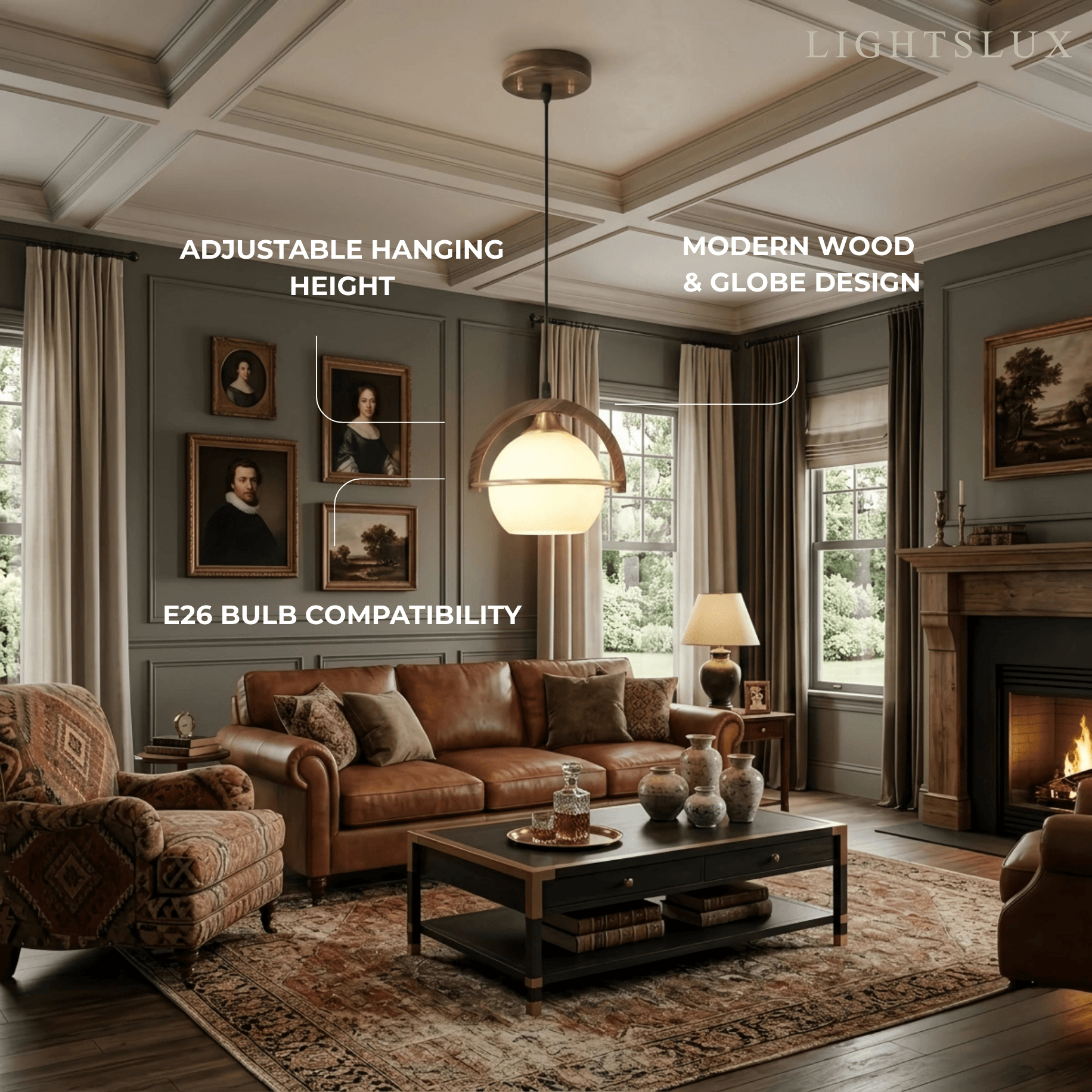 Modern Pendant Light — Wood & Acrylic Sphere with Metal Frame Dining Room - Flindria