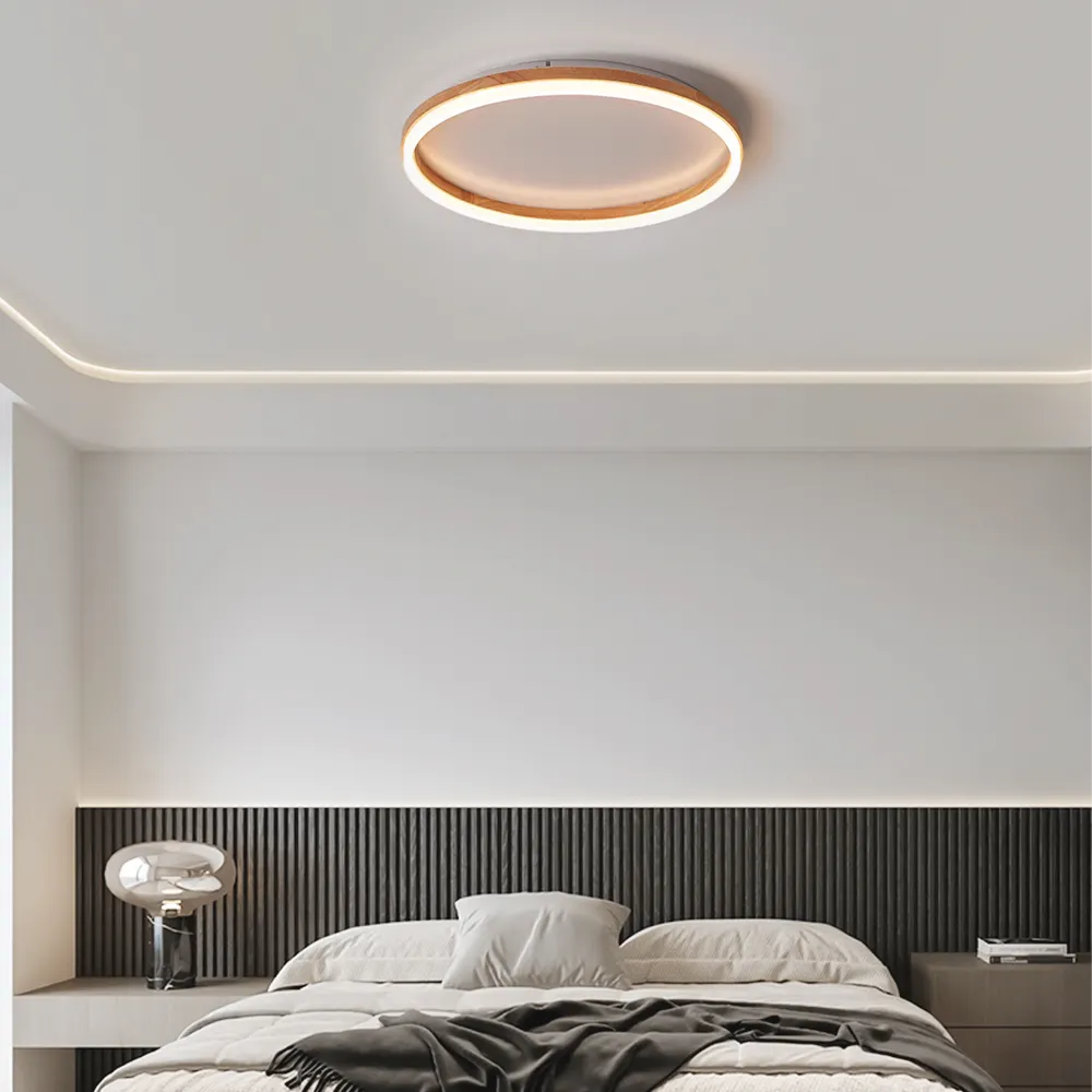 Minimalist Ring Dimmable Flush Mount Ceiling Light – Wood & Acrylic for Bedroom - Flindria