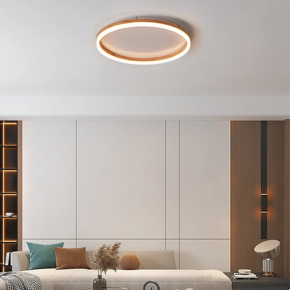 Minimalist Ring Dimmable Flush Mount Ceiling Light – Wood & Acrylic for Bedroom - Flindria