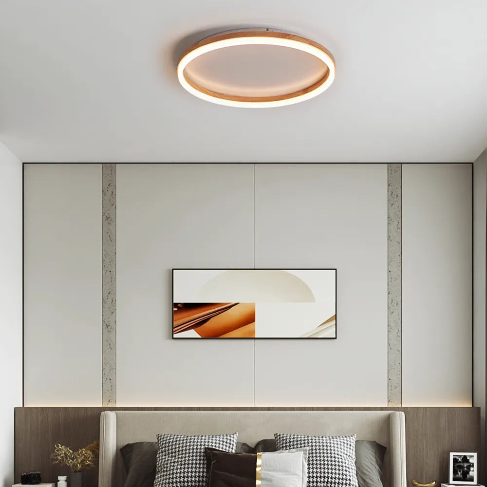 Minimalist Ring Dimmable Flush Mount Ceiling Light – Wood & Acrylic for Bedroom - Flindria