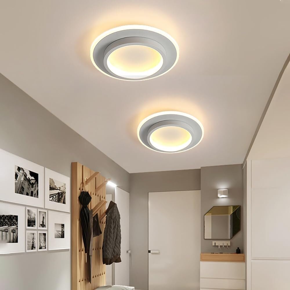 ラウンドLEDシーリングライト — 発光ハローリングアクセント、メタル＆アクリルハウジング、薄型フラッシュマウント
