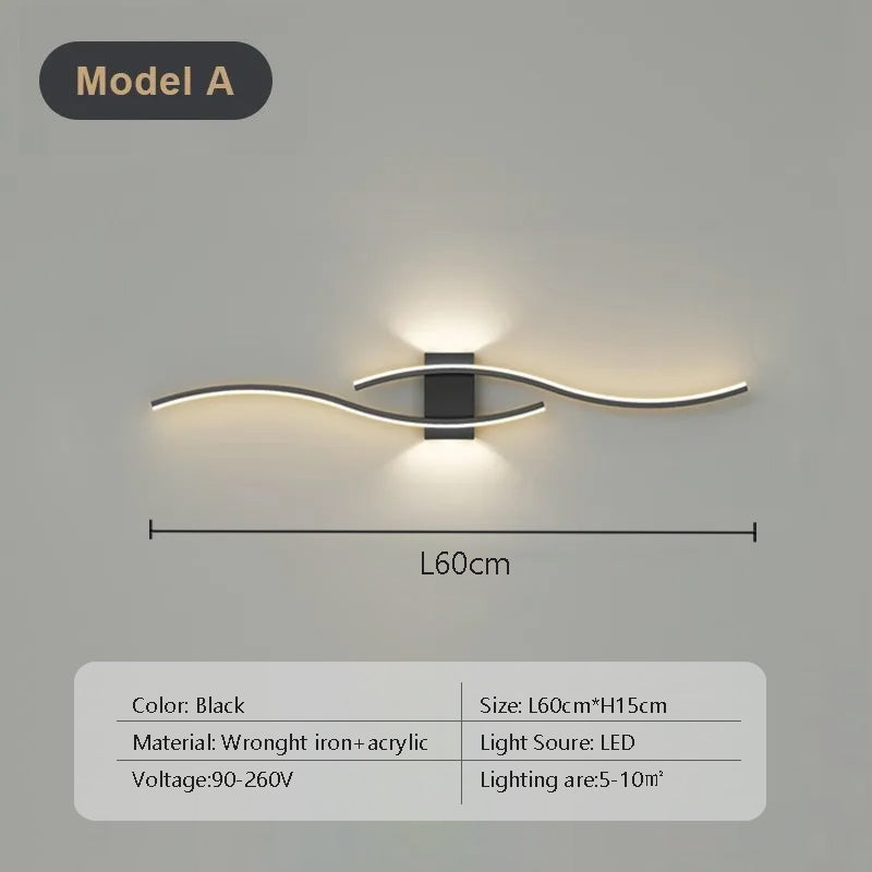 Lampă de perete LED modernă, neagră și aurie, cu dublă curbură și telecomandă