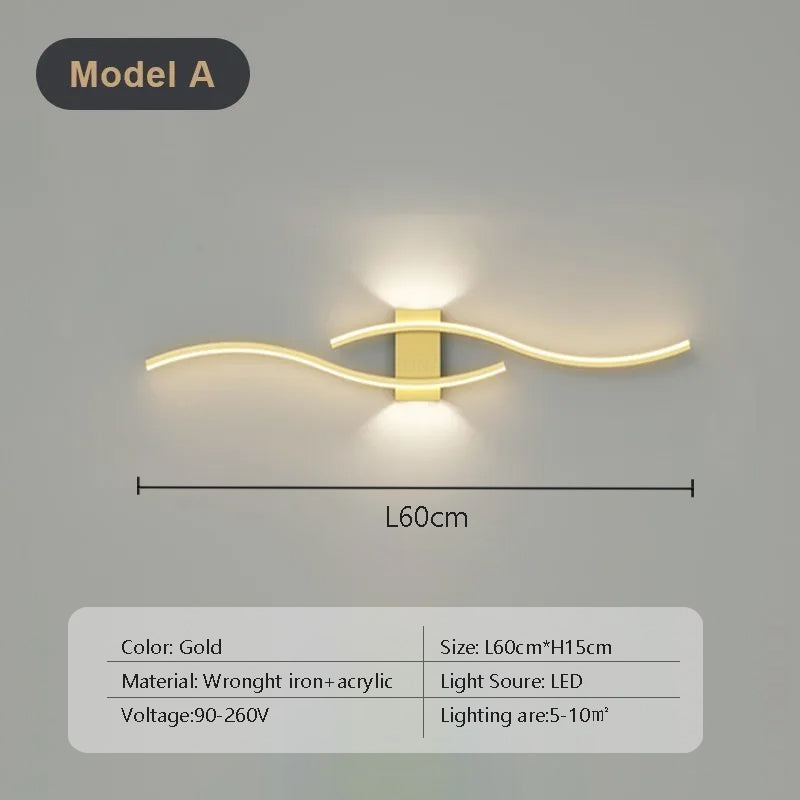 Lampă de perete LED modernă, neagră și aurie, cu dublă curbură și telecomandă