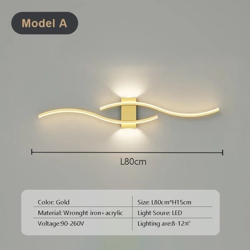 Lampă de perete LED modernă, neagră și aurie, cu dublă curbură și telecomandă