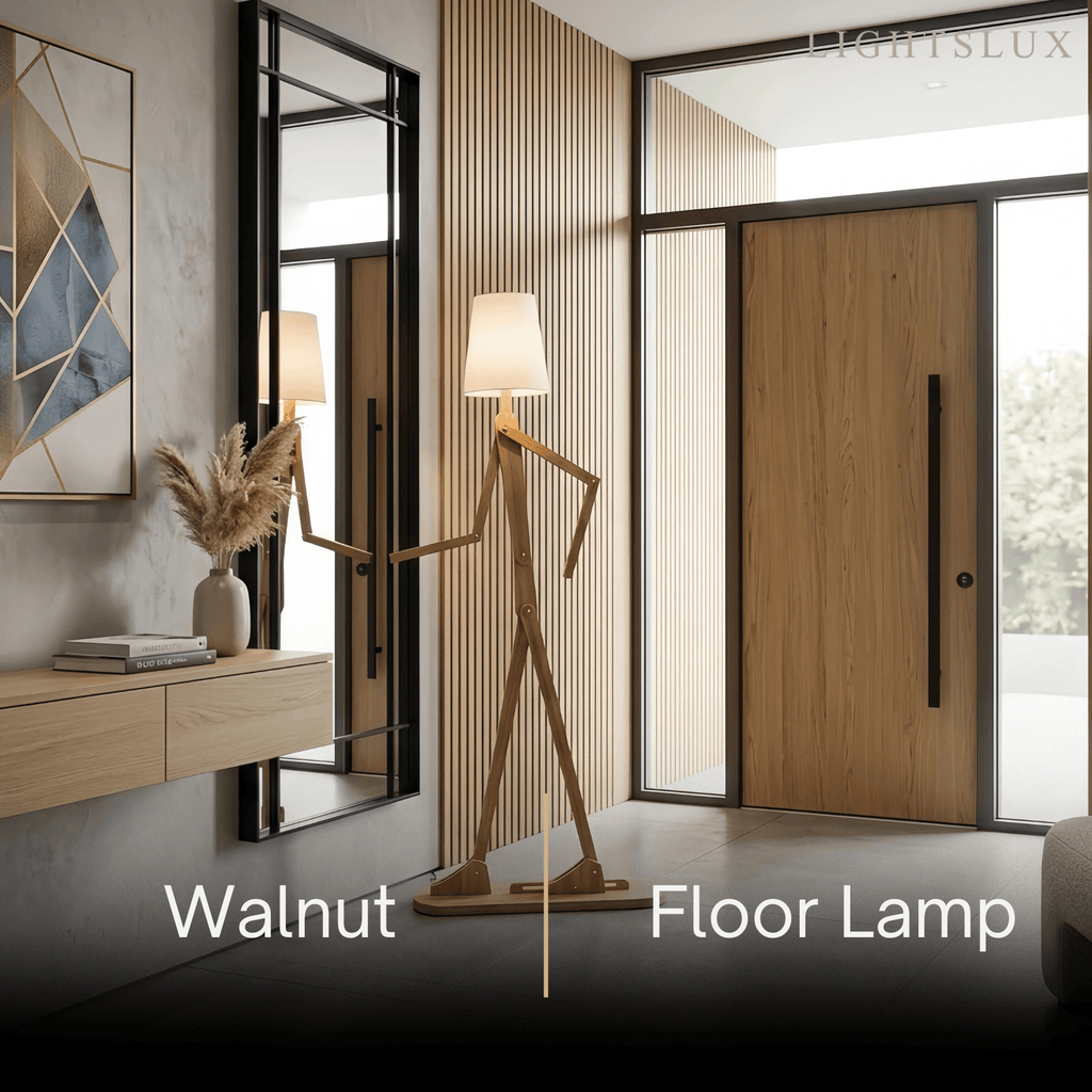 Art Deco Wood & Fabric Floor Lamp -- Walnut/Wood for Living Room/Bedroom - Flindria