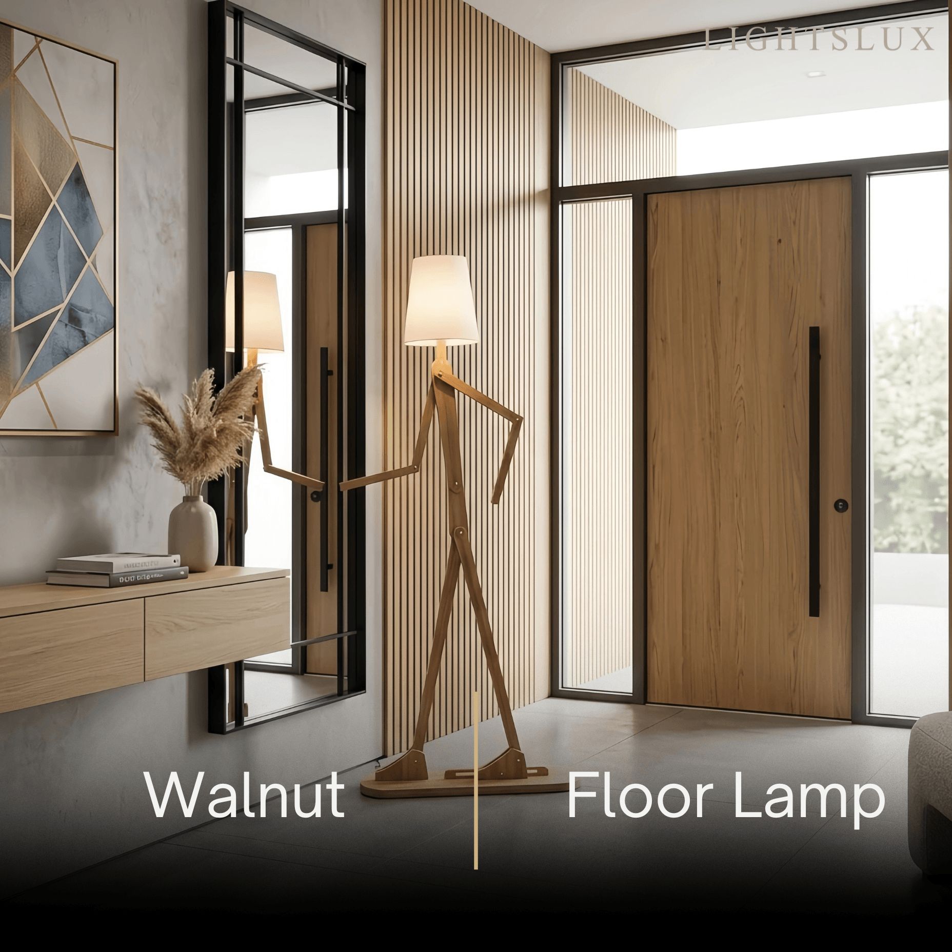 Art Deco Wood & Fabric Floor Lamp -- Walnut/Wood for Living Room/Bedroom - Flindria