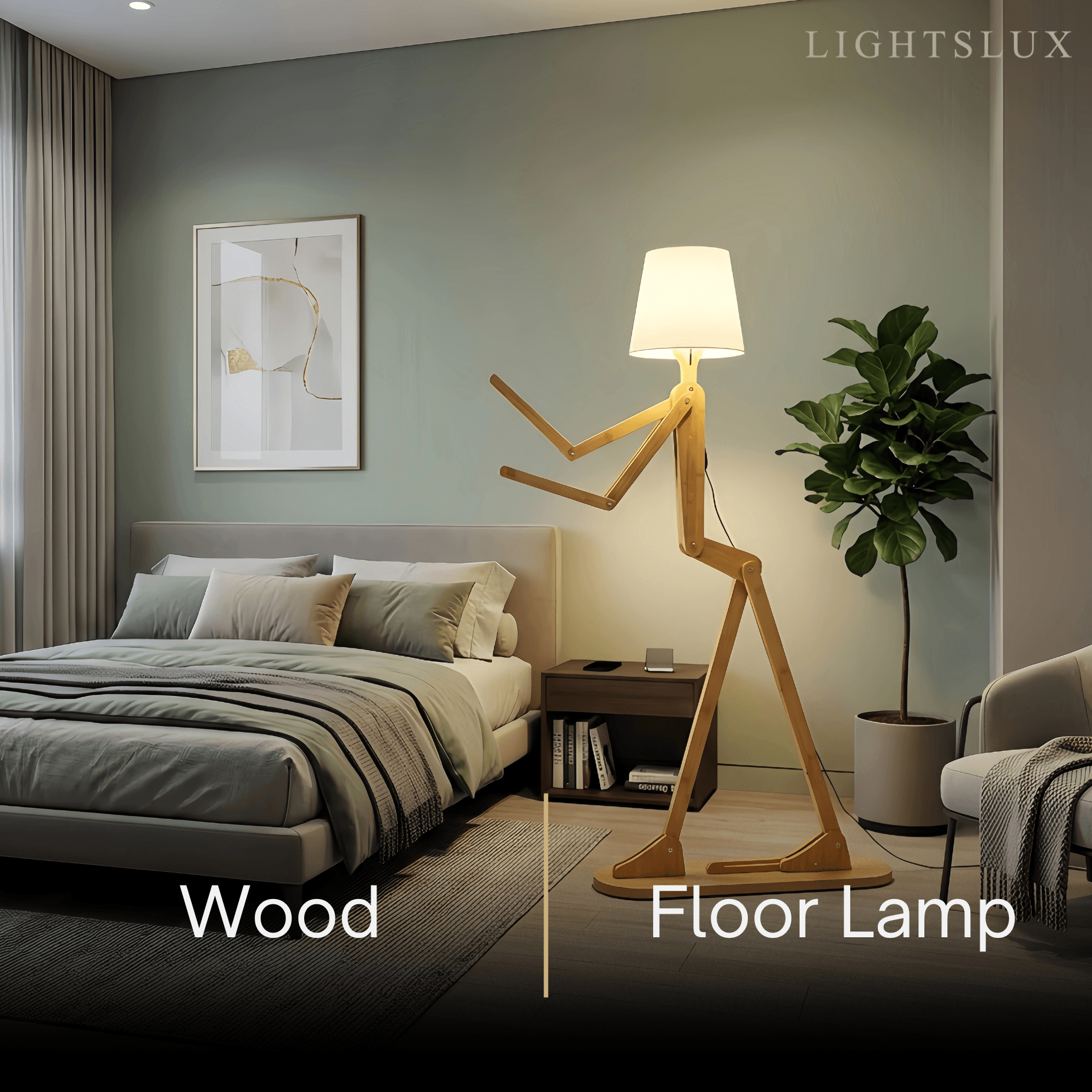 Art Deco Wood & Fabric Floor Lamp -- Walnut/Wood for Living Room/Bedroom - Flindria