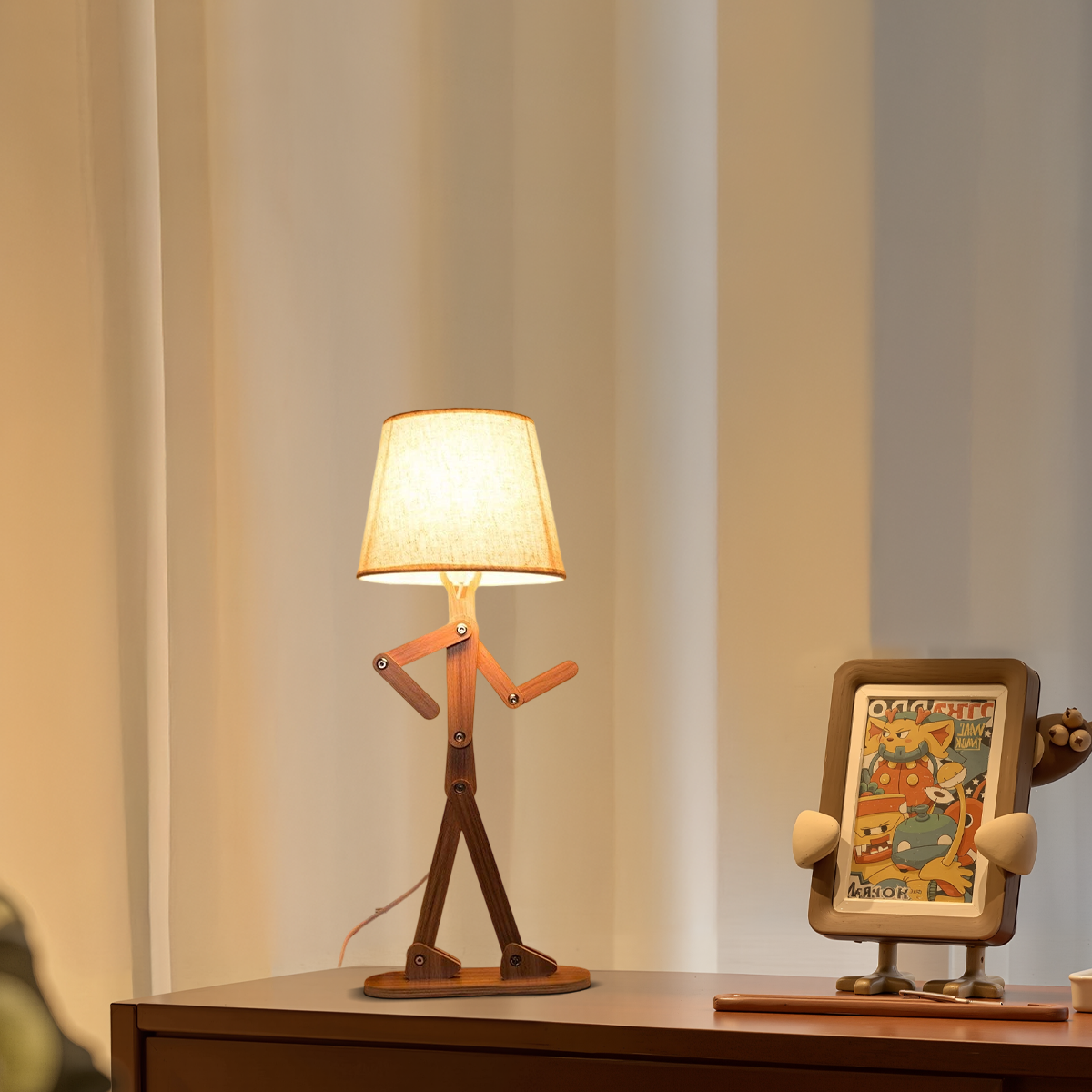 Art Deco Wood & Fabric Floor Lamp -- Walnut/Wood for Living Room/Bedroom - Flindria