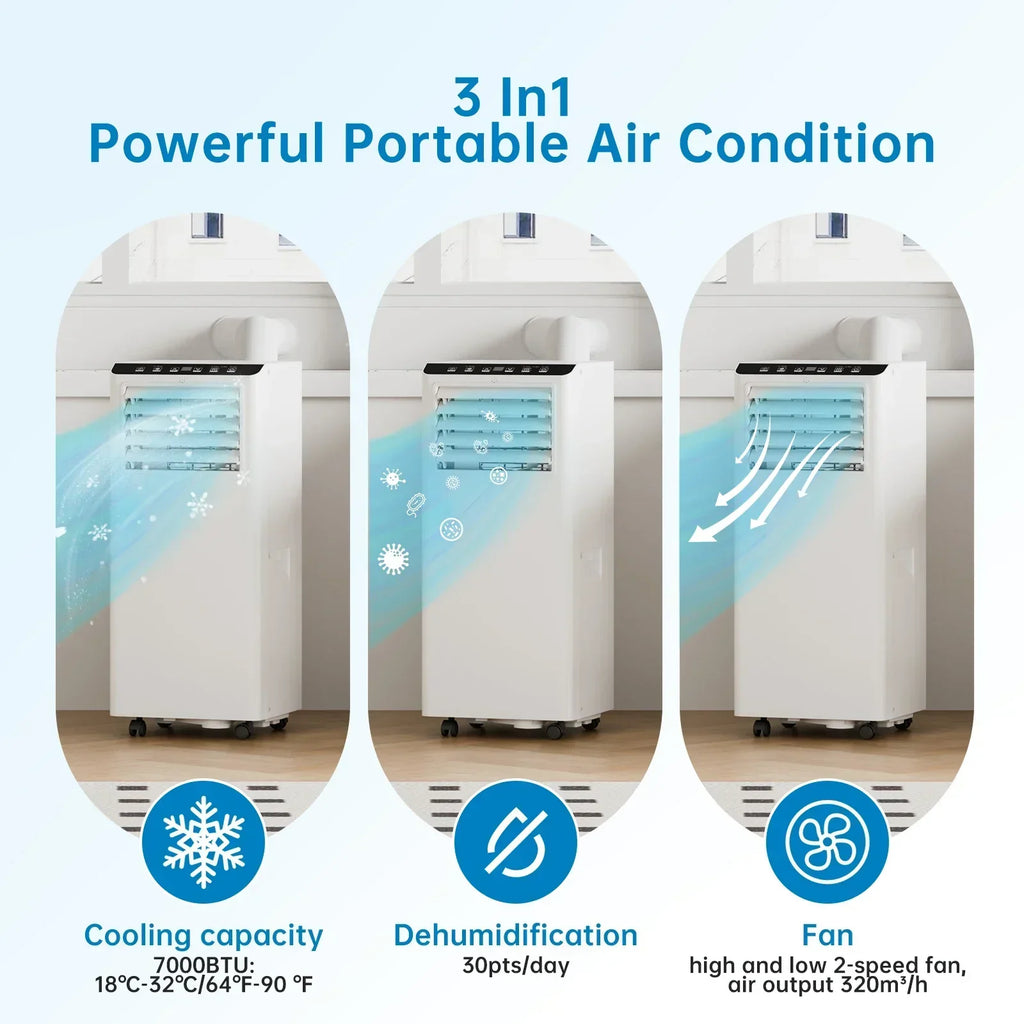 7000BTU 4-in-1 tragbare Klimaanlage — Ventilator, Schlafmodus, Fenster-Kit