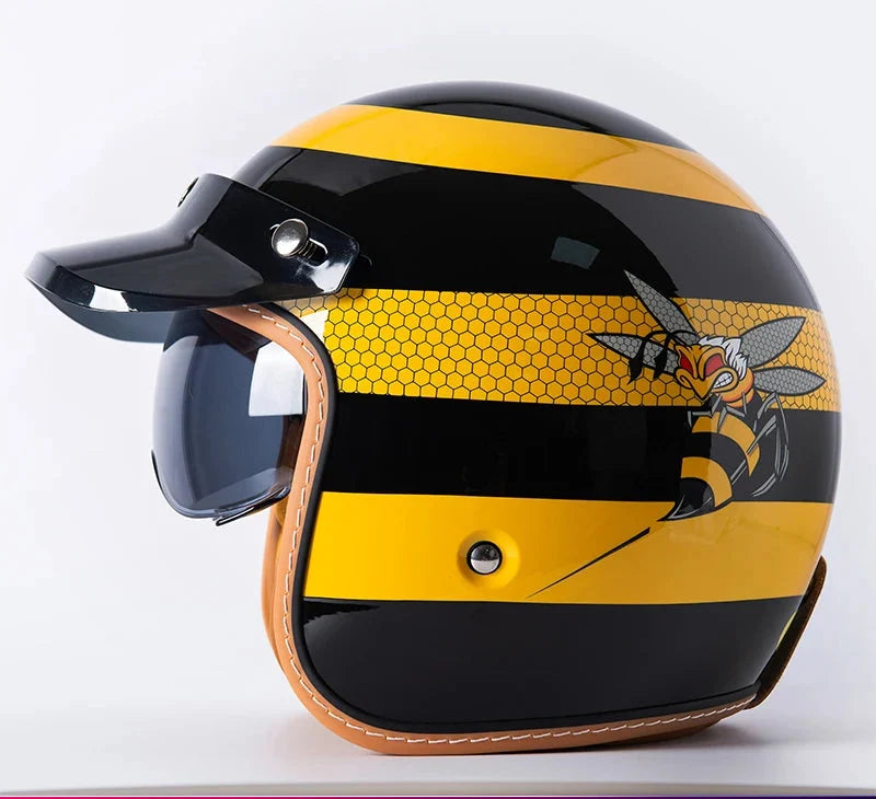 Retro Bee Open Face Motorcycle Helmet — Retractable Built-In Visor