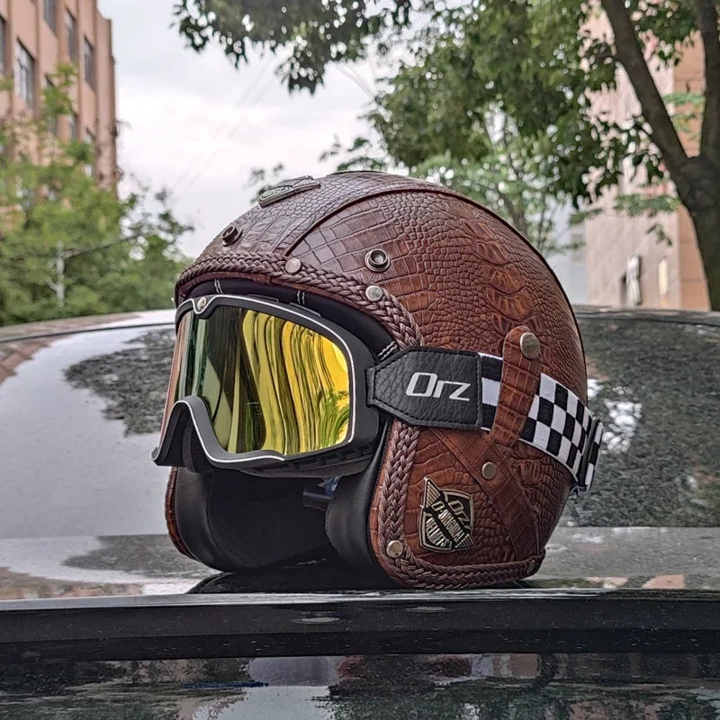 Open Face Motorcycle Helmet — Vintage PU Leather, DOT Approved