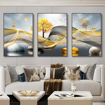 Cuadro mural nórdico abstracto dorado de ciervos, 3 piezas — Impresiones sobre lienzo
