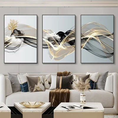Cuadro mural nórdico abstracto dorado de ciervos, 3 piezas — Impresiones sobre lienzo