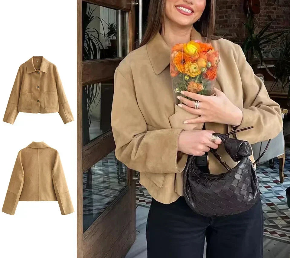Emilia's Elegance Solid Suede Jacket — Lapel, Buttons & Pockets