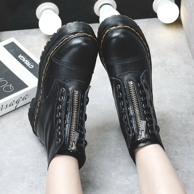 Women’s Genuine Leather Platform Boots, Front Zipper, Optical Soles