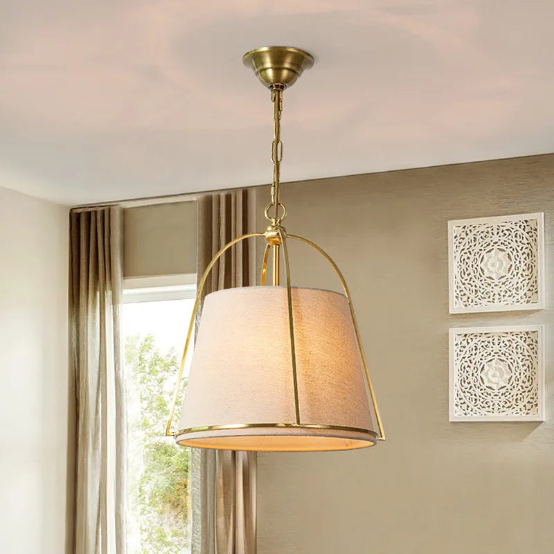 Elara Pendant Light In Beige Fabric With Brass Frame