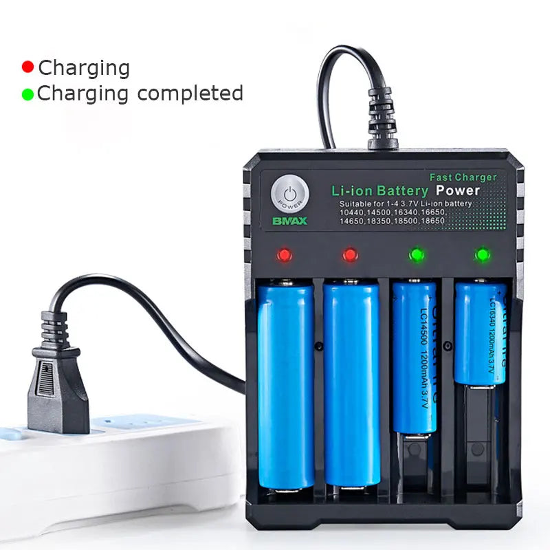 Independent 4-Slot Li-Ion Battery Charger — 18650 and 18500 Compatible, Auto Cut Off