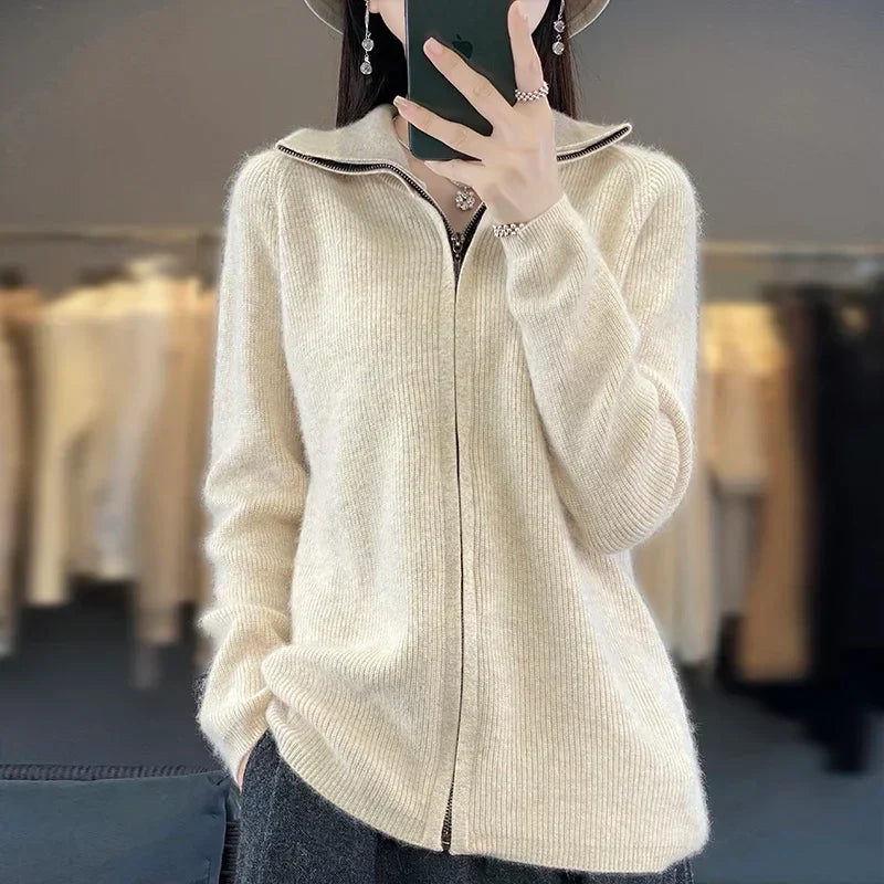 Elena-Cardigan aus 100 % Kaschmir mit Reißverschluss - locker geschnittener koreanischer Pullover