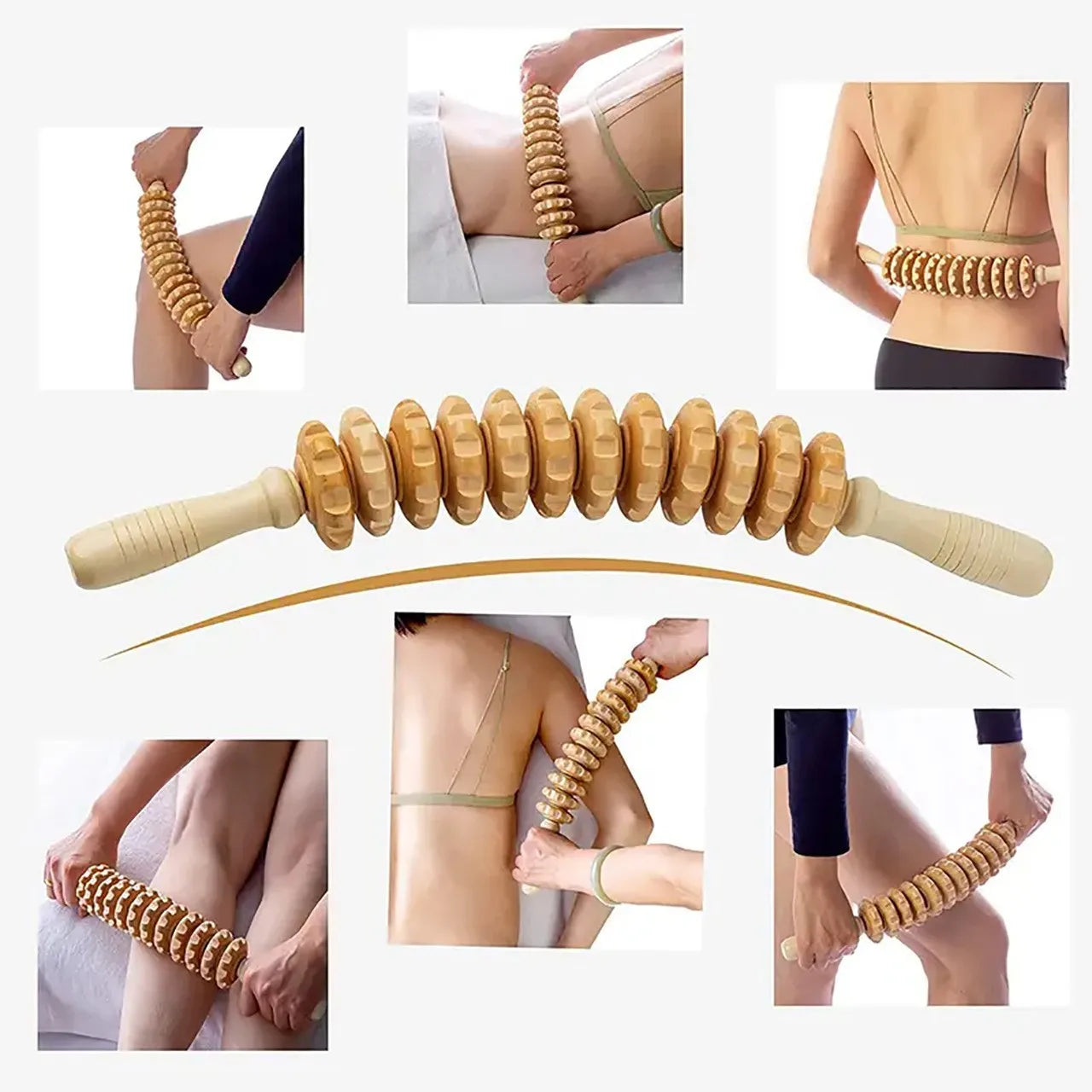 Wooden Manual Fascia Roller — Nine Rotating Rollers, Non-Slip Handle, Ergonomic Design