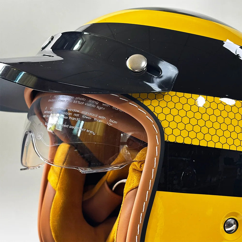 Retro Bee Open Face Motorcycle Helmet — Retractable Built-In Visor