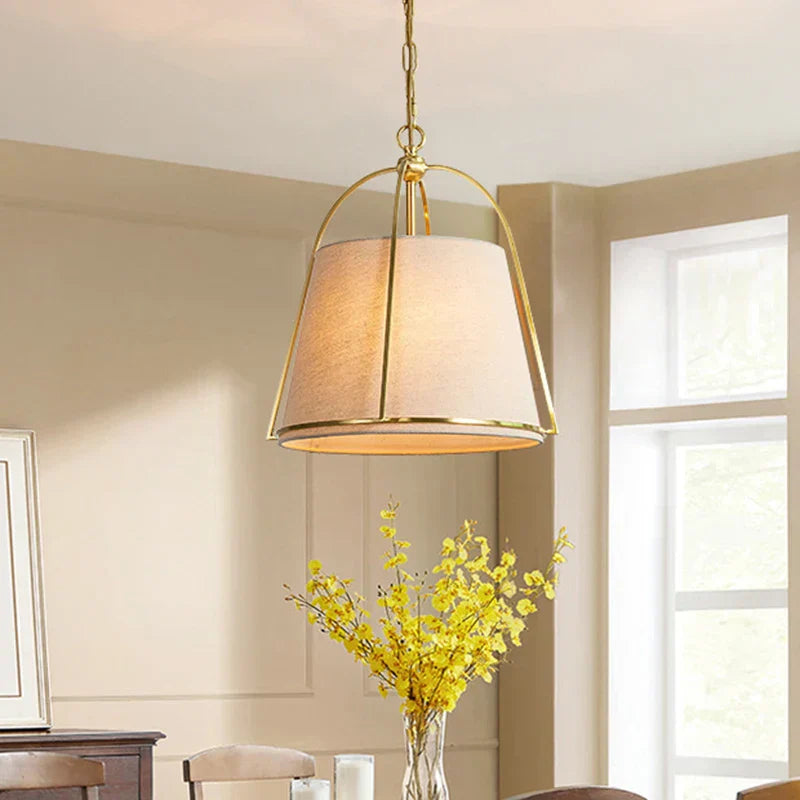 Elara Pendant Light In Beige Fabric With Brass Frame