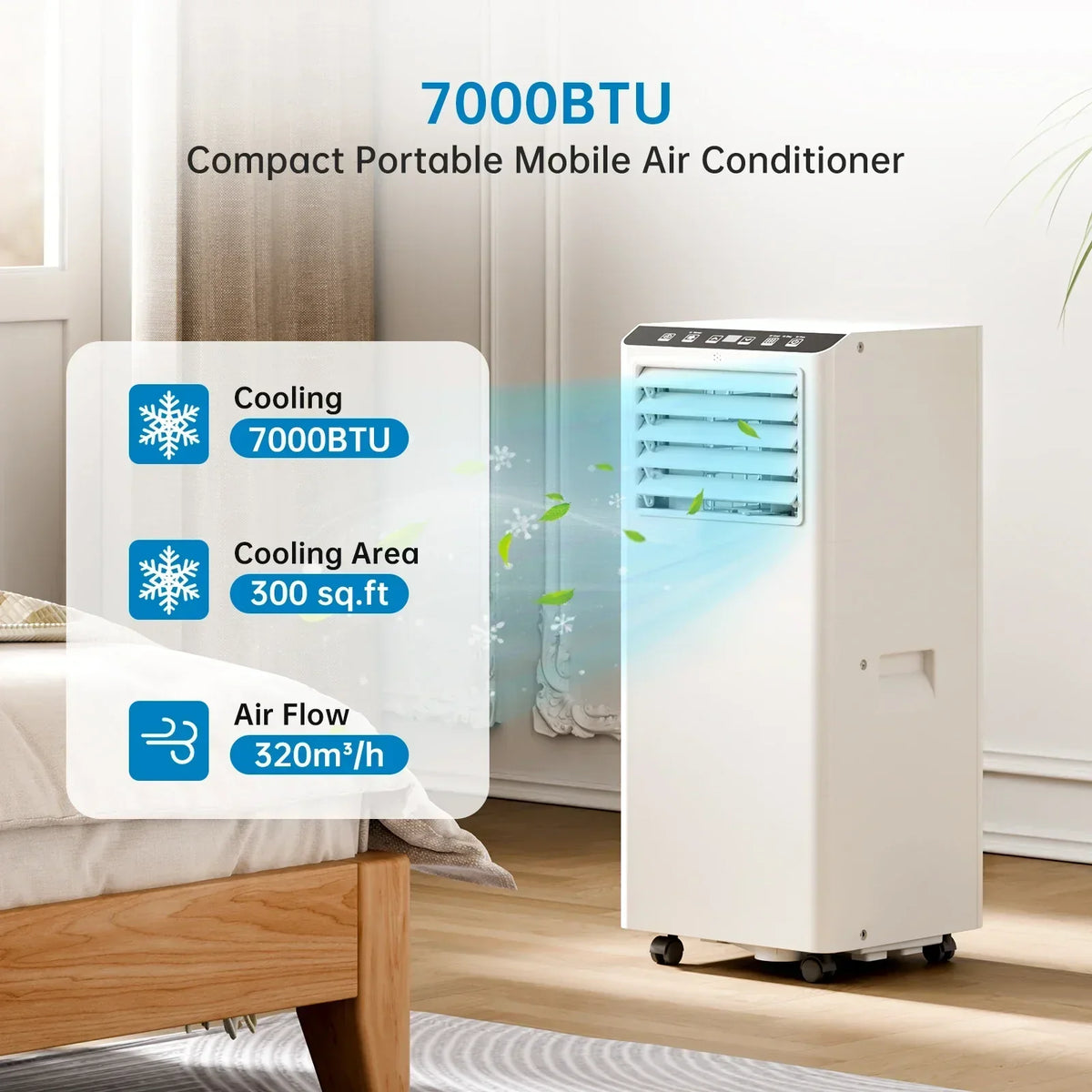 Aire acondicionado portátil de 7000BTU 4 en 1 — ventilador, modo de sueño, kit para ventana