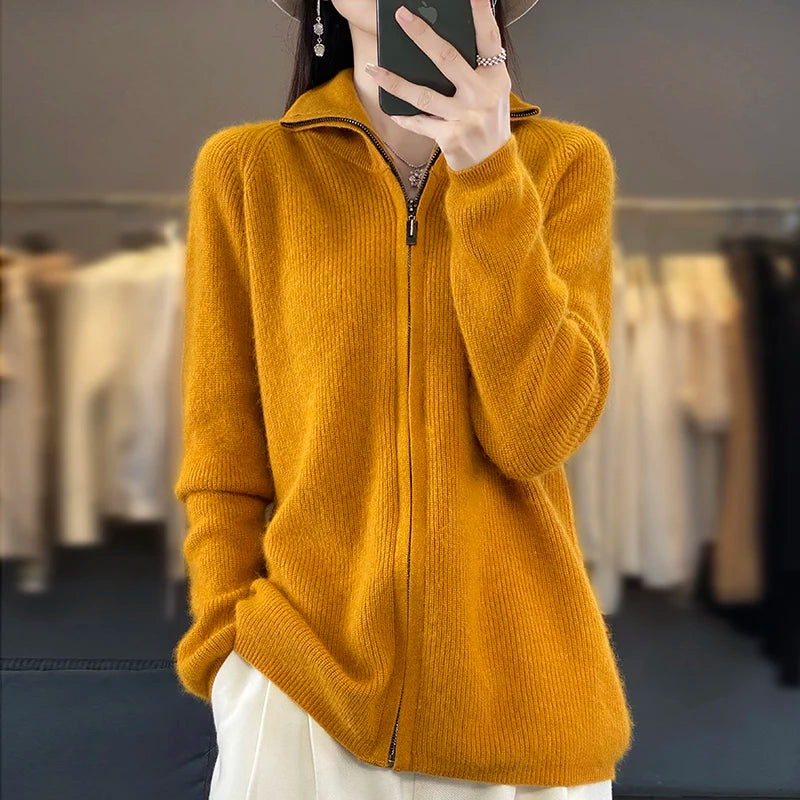 Elena-Cardigan aus 100 % Kaschmir mit Reißverschluss - locker geschnittener koreanischer Pullover