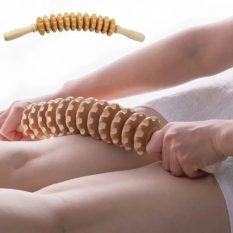Wooden Manual Fascia Roller — Nine Rotating Rollers, Non-Slip Handle, Ergonomic Design