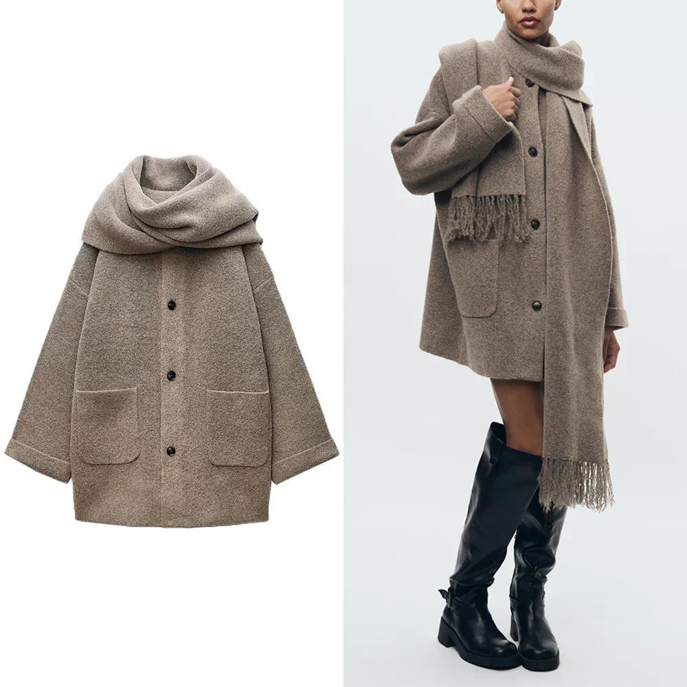 Gebreid Sienna-vestjasje - slank model met sjaal