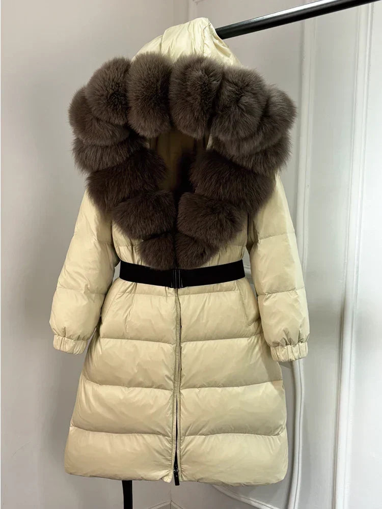 Langer Damenparka Ivy — 90 % weiße Entendaunen, Fuchspelzkragen
