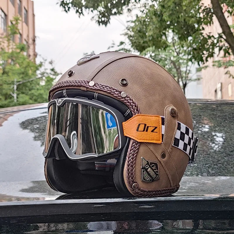 Open Face Motorcycle Helmet — Vintage PU Leather, DOT Approved