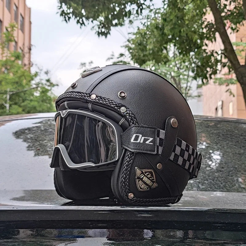 Open Face Motorcycle Helmet — Vintage PU Leather, DOT Approved