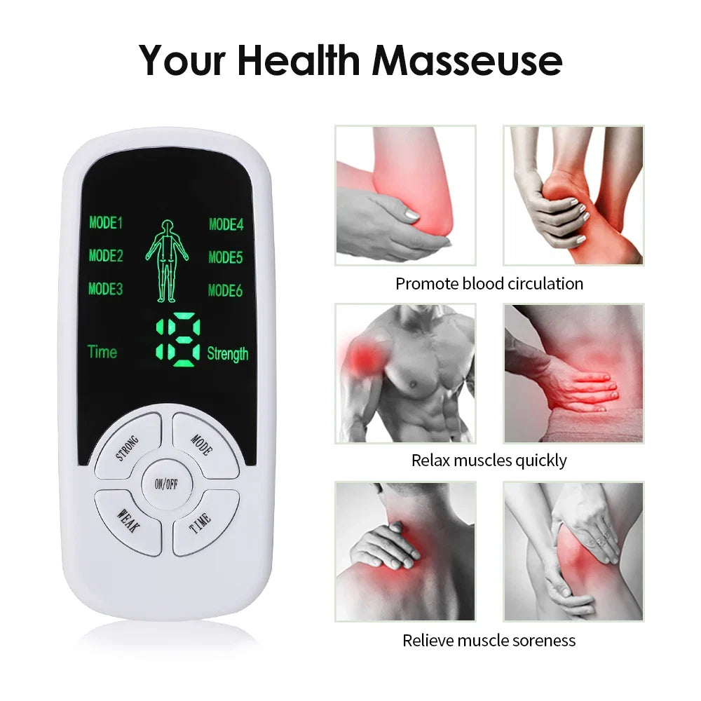 Compact Pulse Massager TENS Stimulator — Six Modes, Ten Intensity Levels, Large LCD Display
