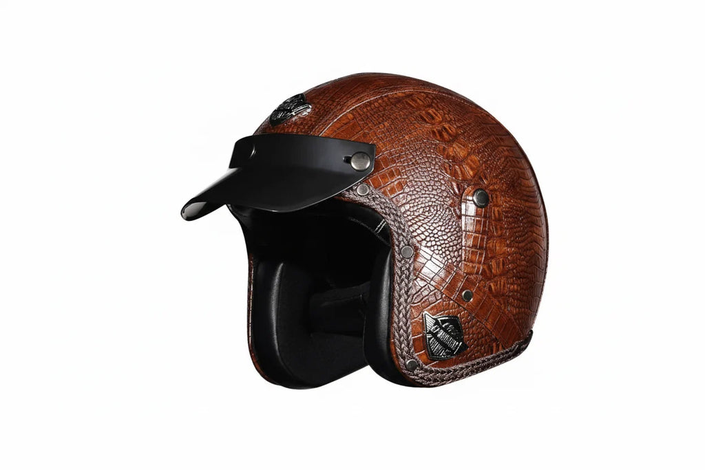 Open Face Motorcycle Helmet — Vintage PU Leather, DOT Approved